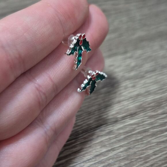 Classic Holly Berry Christmas | Green and Red Enamel Silver Tone  Stud Earrings - Picture 5 of 6
